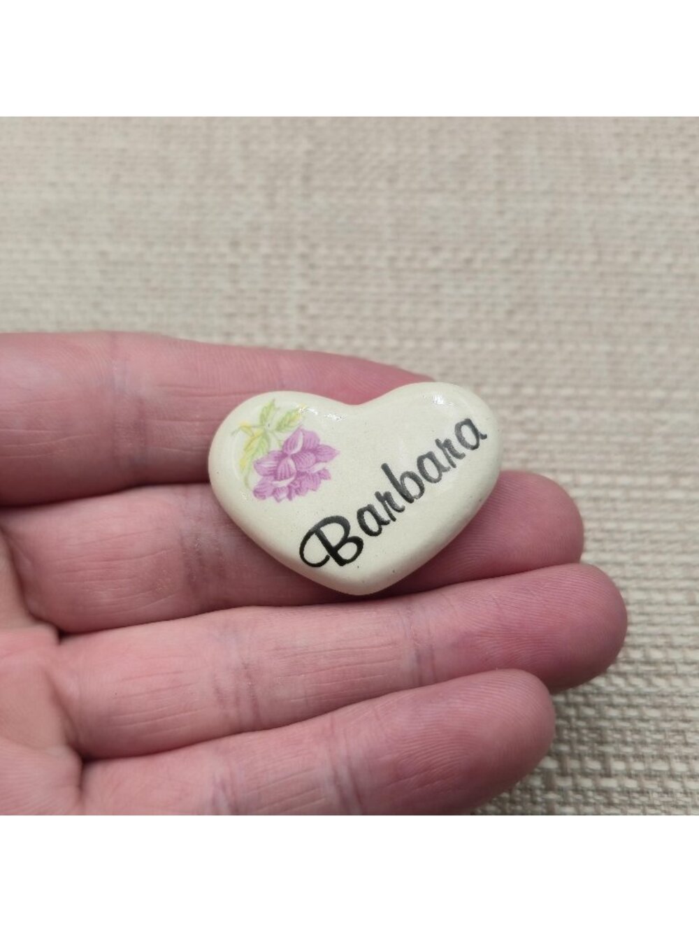 Vintage Barbara Personalized Ceramic Heart Pin Floral Name Brooch A8080